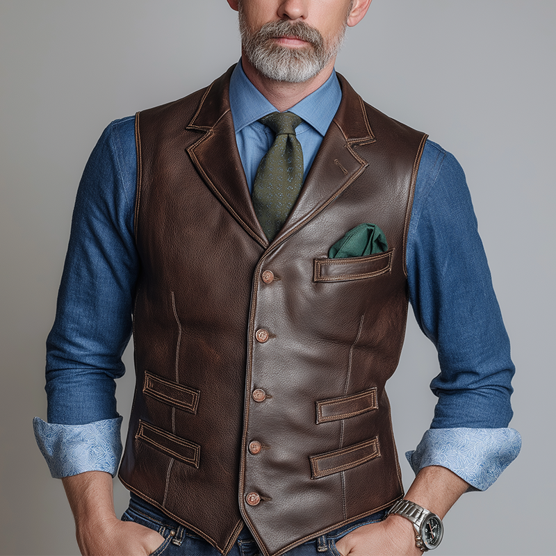 Men's Vintage Faux Pocket Textured Faux Leather Vest MTA2685H5P