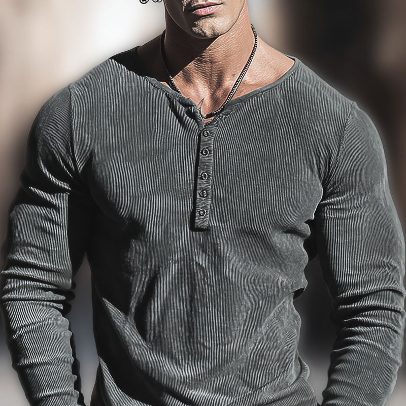 Men's Solid Corduroy Henley Collar Long Sleeve T-Shirt MTA1326H3Z