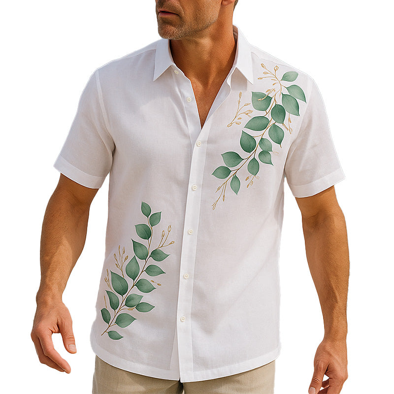 Men's Summer Cool Breathable Leaf Printed Linen Short Sleeve Shirt MTA2705E8P