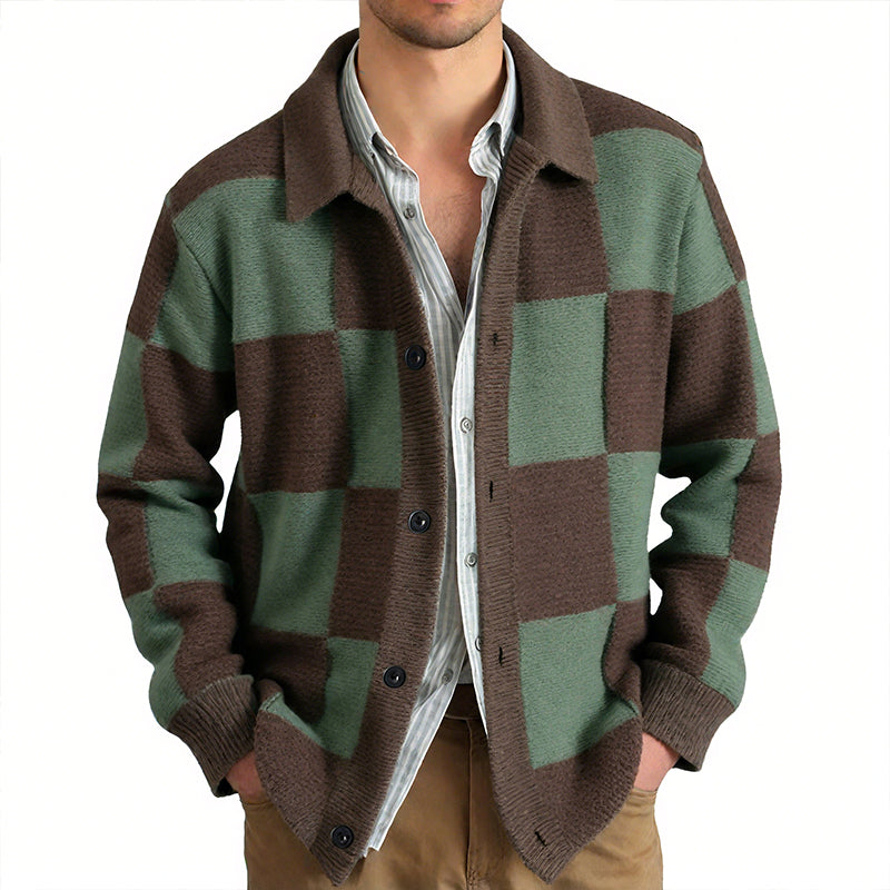Men's Casual Contrast Checkerboard Lapel Single-breasted Loose Knit Cardigan MTA0494H6M