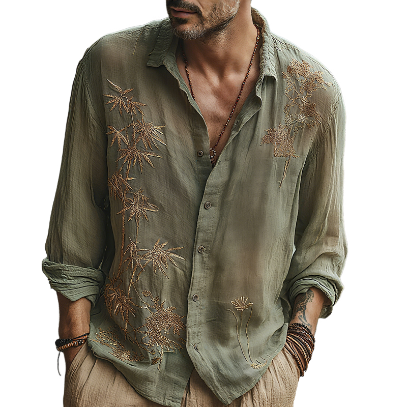 Men's Bamboo Embroidered Lapel Long Sleeve Cotton And Linen Shirt MTA3157G1Z