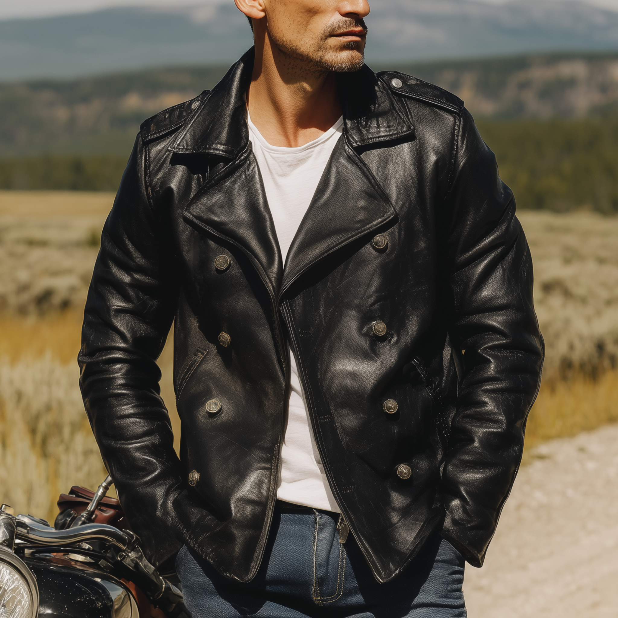 Men's Classic Western Retro Tough Style Lapel PU Leather Double-breasted Jacket MTA0522I3K