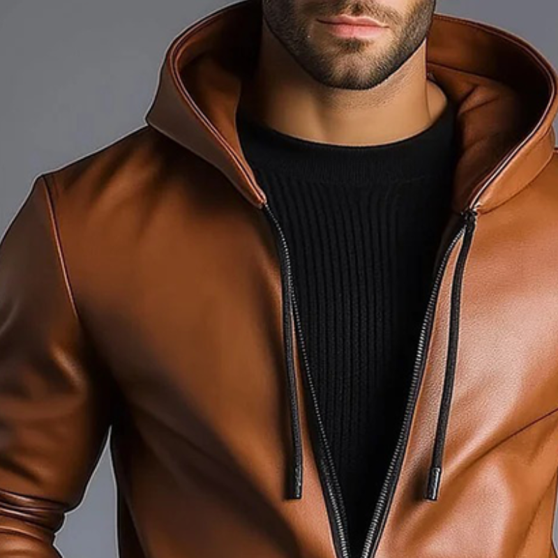 Men's Retro Casual PU Hooded Zip-Up Jacket MTA1190K4TO