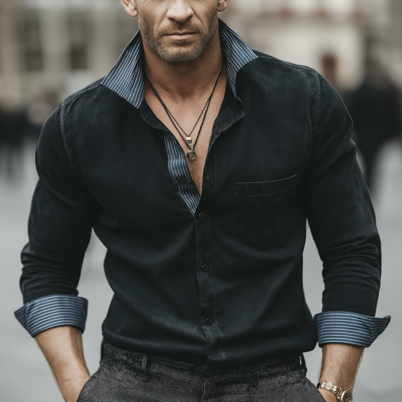 Men's Business Faux Suede Patchwork Striped Long-Sleeve Shirt MTZ0587A3U