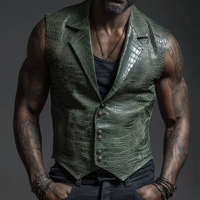 Men's Retro Casual Crocodile Pattern PU Leather Lapel Vest MTA2176H7TO