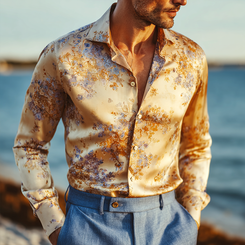 Men's Floral Print Satin Lapel Long Sleeve Shirt MTA1676G8Z