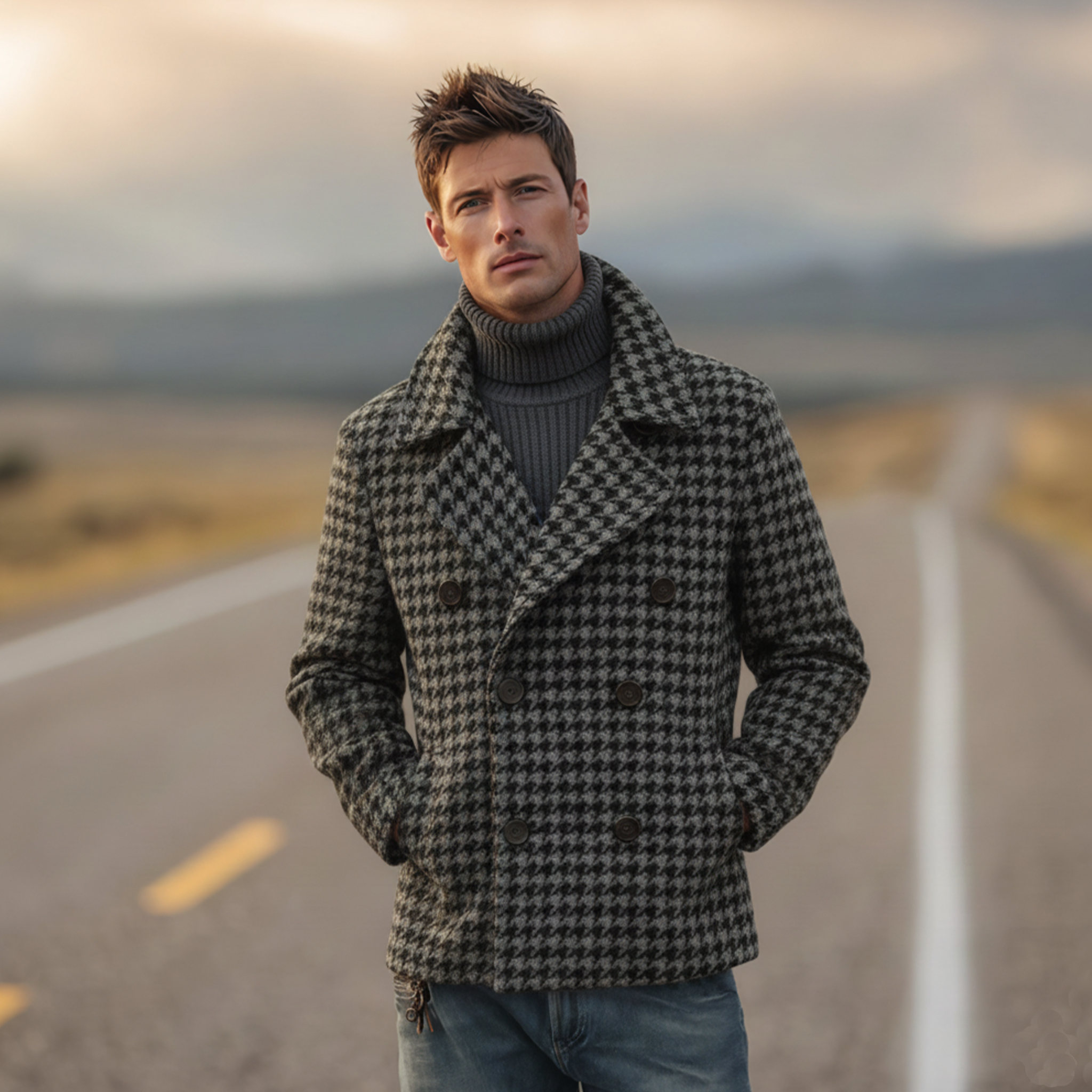 Men's Classic Retro Lapel Double-breasted Faux Houndstooth Wool Jacket MTA3139J3K