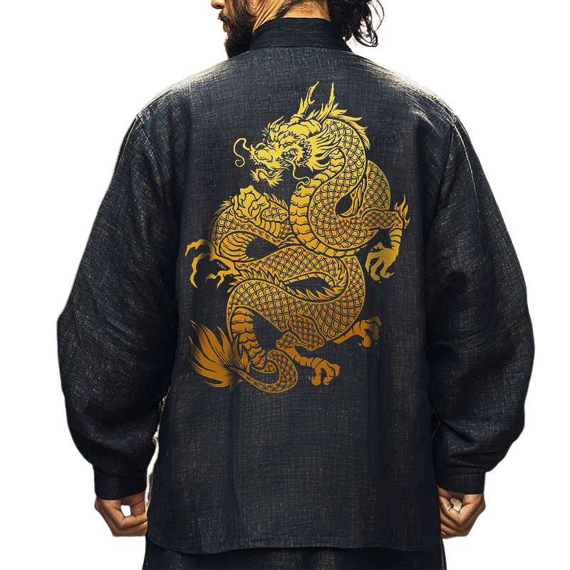 Men's Retro Gold Dragon Totem Casual Linen Stand Collar Pocket Jacket 59960288TO