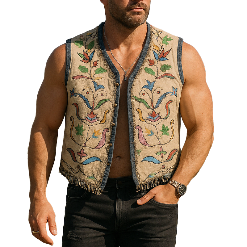 Men's Summer Fashion Embroidered Faux Suede Tassel Sleeveless Vest MTA3023F1P