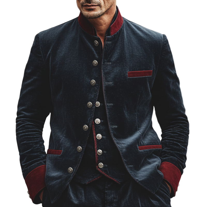 Men's Retro Stand Collar Velvet Color Block Slim Fit Jacket MTA1283L0U