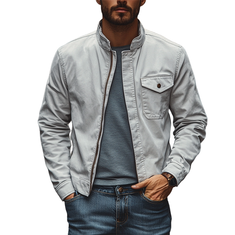 Men's Casual Solid Color Stand Collar Zip-Up Jacket MTA3043J6X