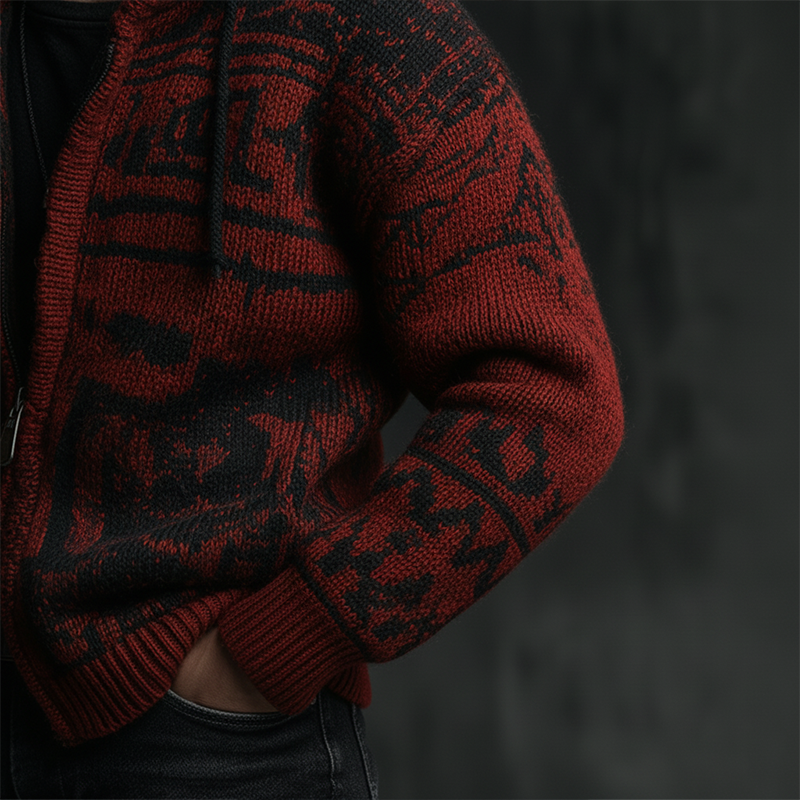 Men's Winter Retro Contrast Color Knitted Jacquard Cotton Yarn Hooded Cardigan MTA2351J3P