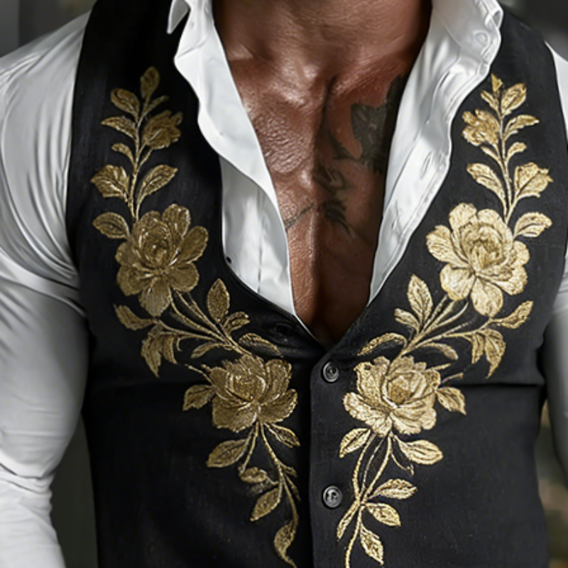 Men's Retro Casual Cotton Floral Embroidered Collarless Button Vest MTZ1476A1TO