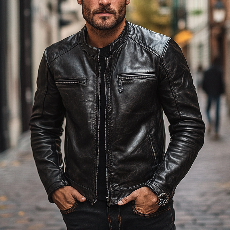 Men's Solid Color Slim Fit Motorcycle Stand Collar PU Jacket MTA0876I8X