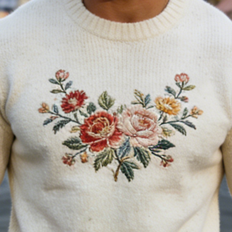 Men's Retro Casual Knitted Floral Embroidered Crew Neck Sweater MTA1571L6TO
