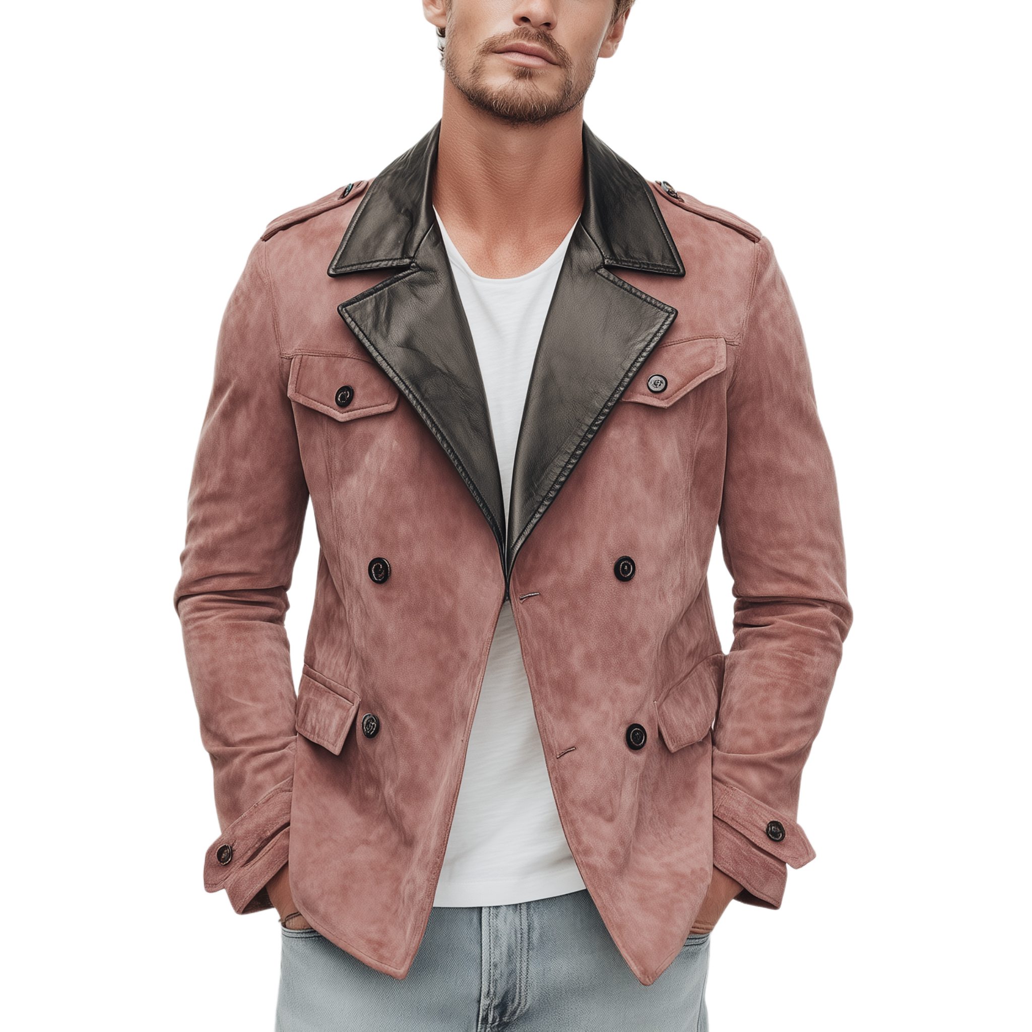 Men's Classic Casual Lapel PU Leather Double-breasted Pink Suede Multi-pocket Jacket MTA0225I4K
