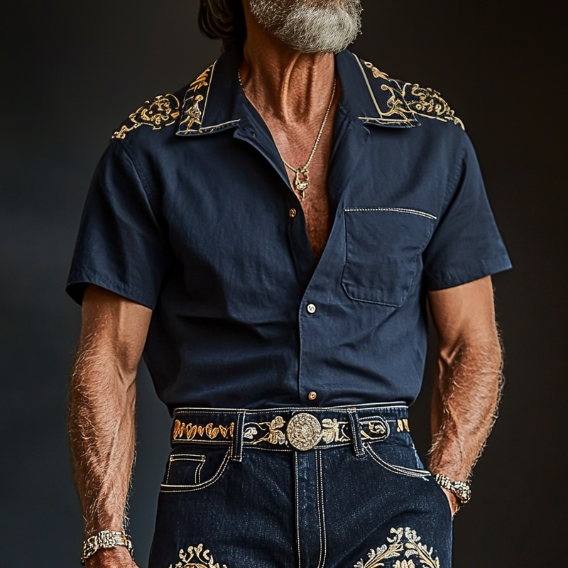 Men'S Fashion Retro Embroidered Lapel Short Sleeve Shirt MTA0940E8Z
