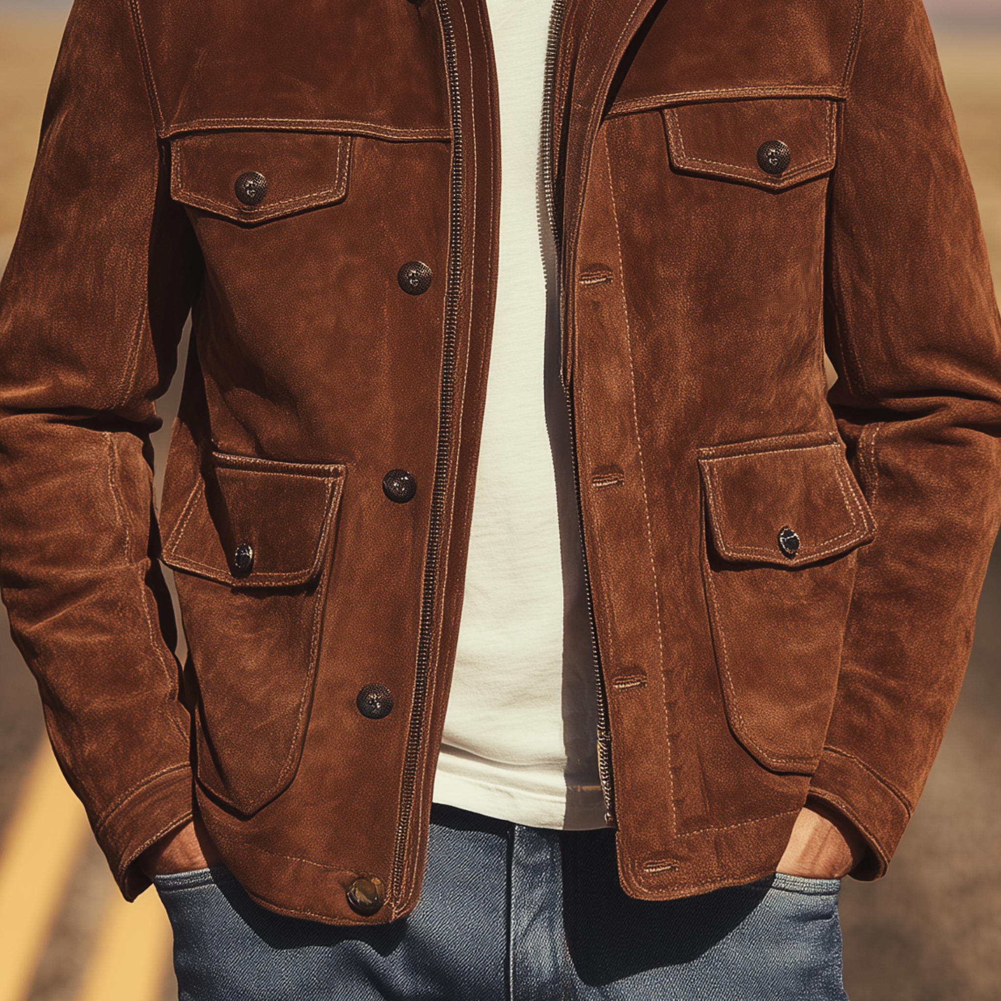 Men's Classic Casual Western Style Pu Leather Collar Multi-pocket Suede Jacket MTA1190H7K