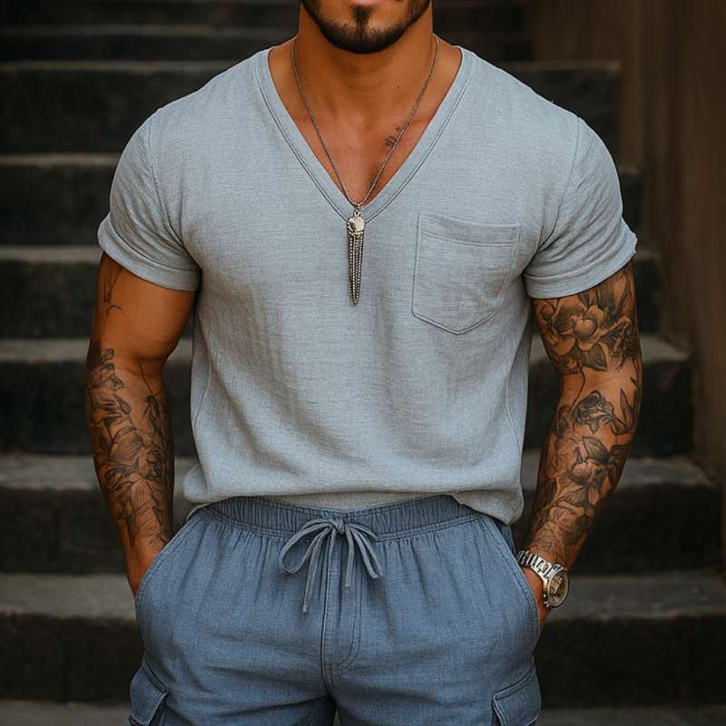 Men's Casual Breathable Cotton Linen V-neck Patch Pocket Loose Short-sleeved T-shirt MTA1588E0M