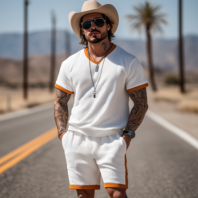 Men's Summer Fashion Casual Waffle Contrast Color Stitching Short-sleeved T-shirt Elastic Waist Shorts Set MTA2950E7K