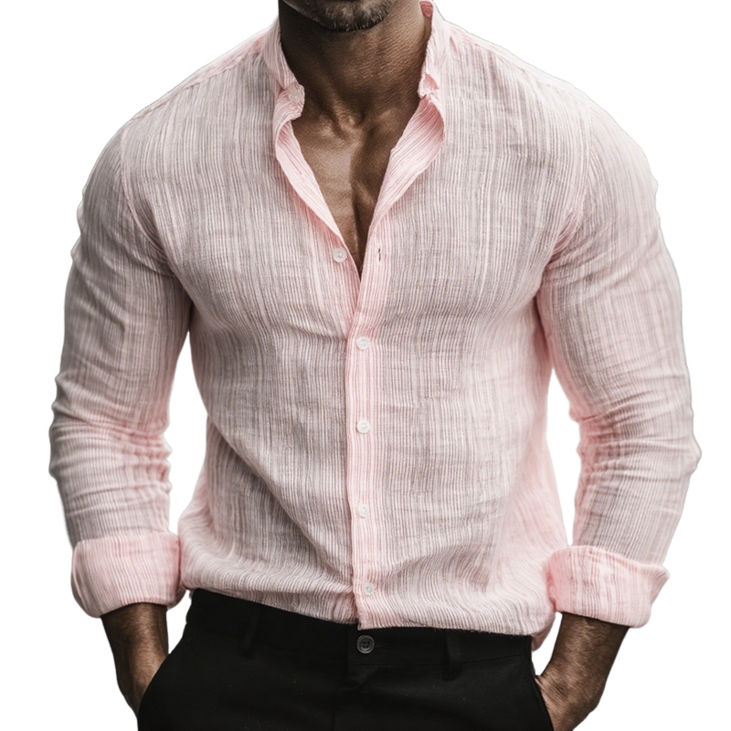 Men's Cozy Vertical Stripe Lapel Long Sleeve Shirt MTA1263H2Z