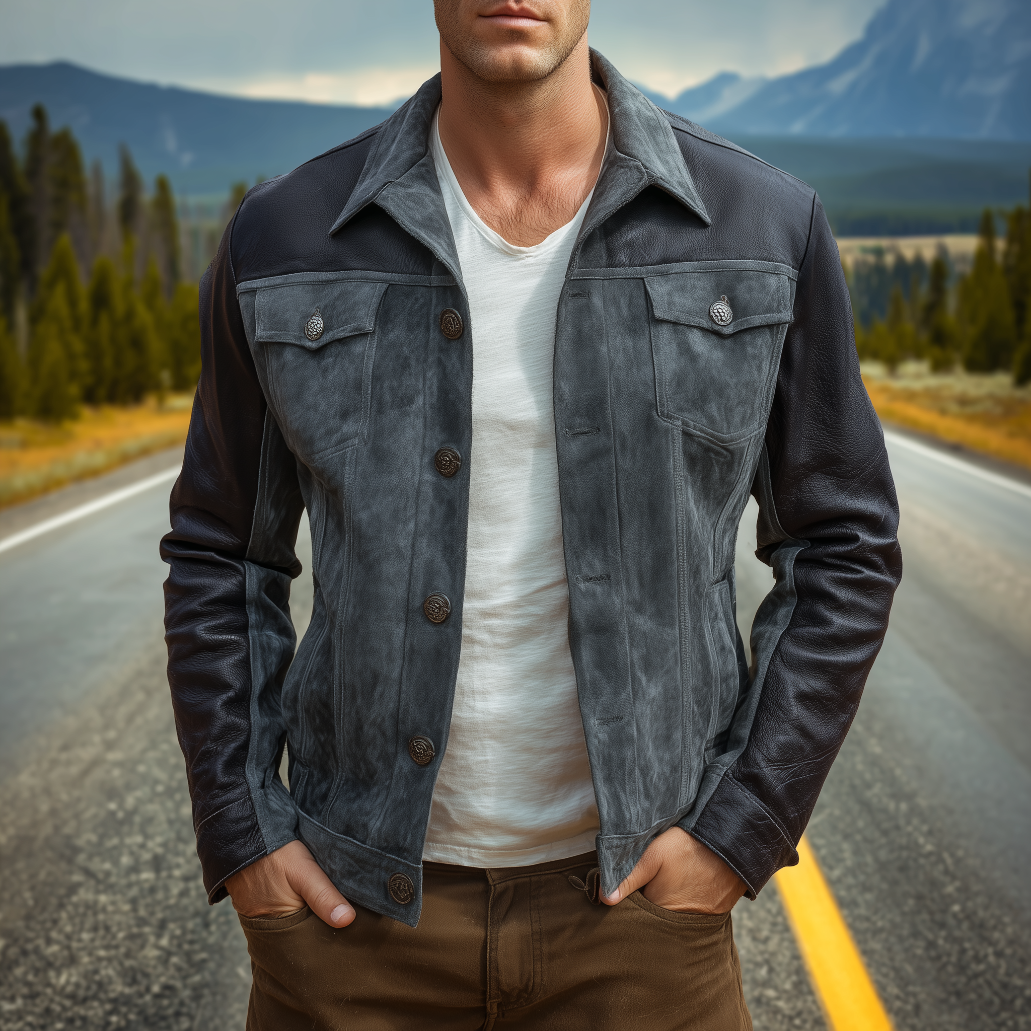 Men's Classic Retro Pu Leather Sleeves Lapel Suede Multi-pocket Jacket MTA2956H4K