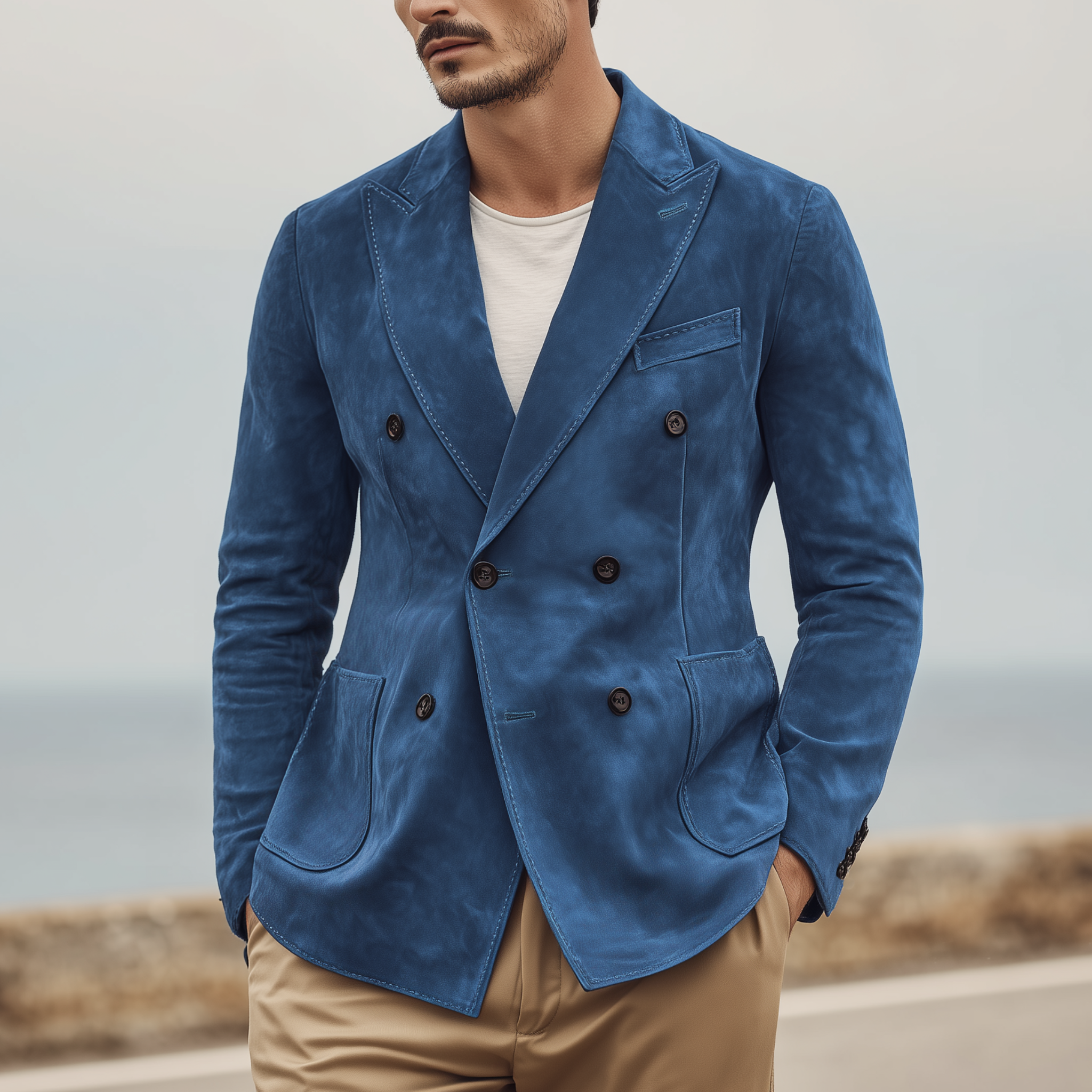 Men's Classic Vintage Double-breasted Suede Slim-fit Blazer MTA0136H2K