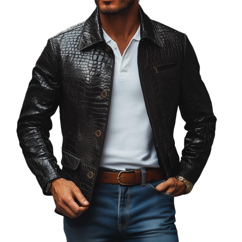 Men's Fashion Vintage Crocodile Pattern PU Lapel Single Breasted Slim Fit Jacket MTA2195H4M
