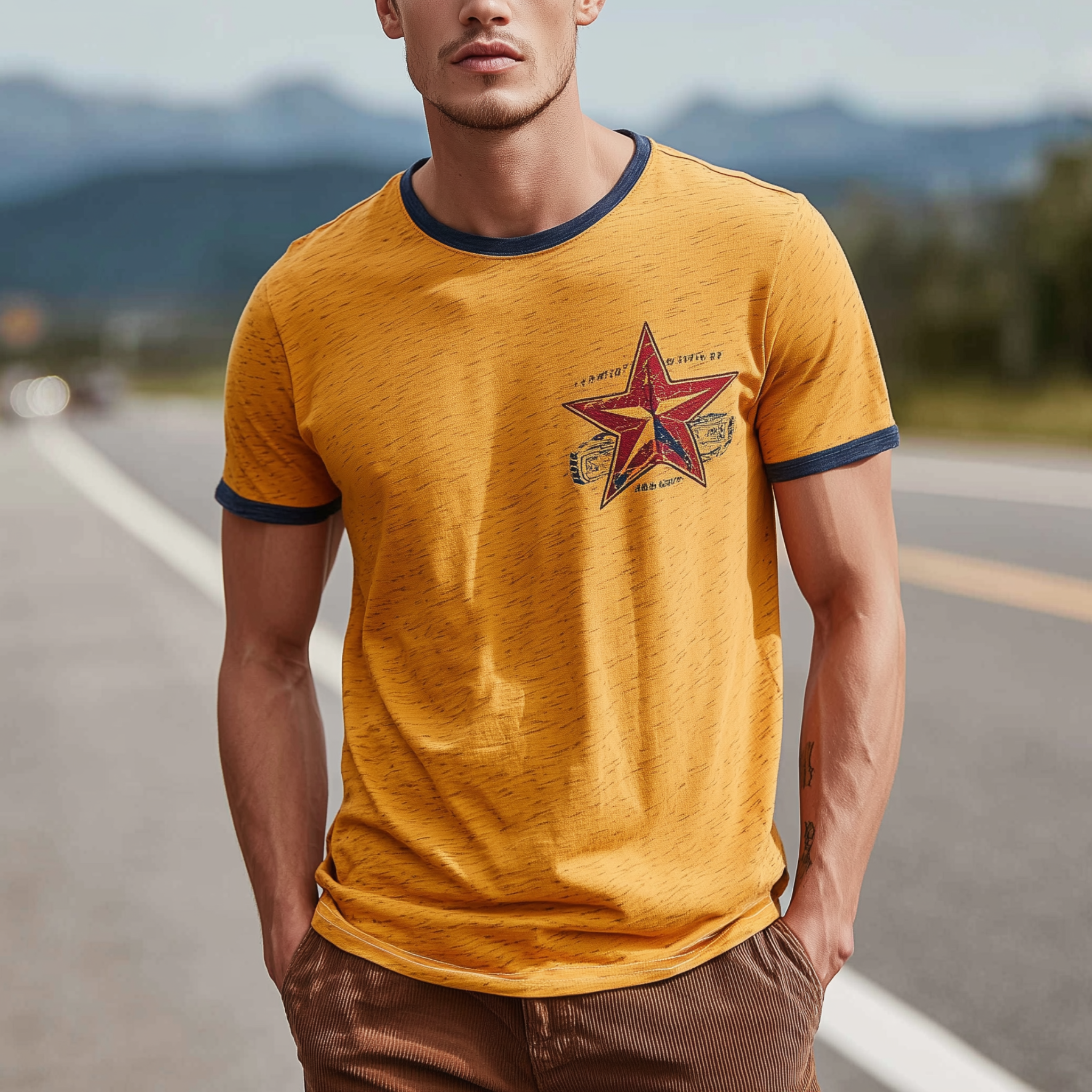 Men's Classic Casual Heathered Cotton Blend Contrast Stitching And Print Crew Neck Short Sleeve T-shirt MTA2373G2K