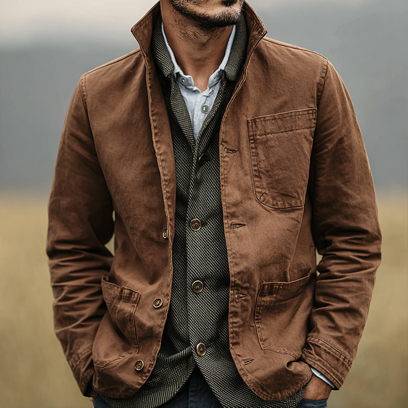 Men's Washed Cotton Lapel Multi-pocket Single Breasted Jacket MTA0447I2Z