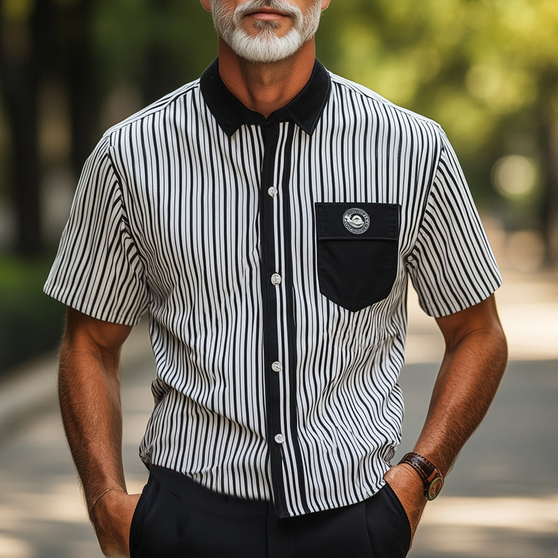 Men's Summer Business Vertical Striped Lapel Short-Sleeved Shirt MTA2147E9U