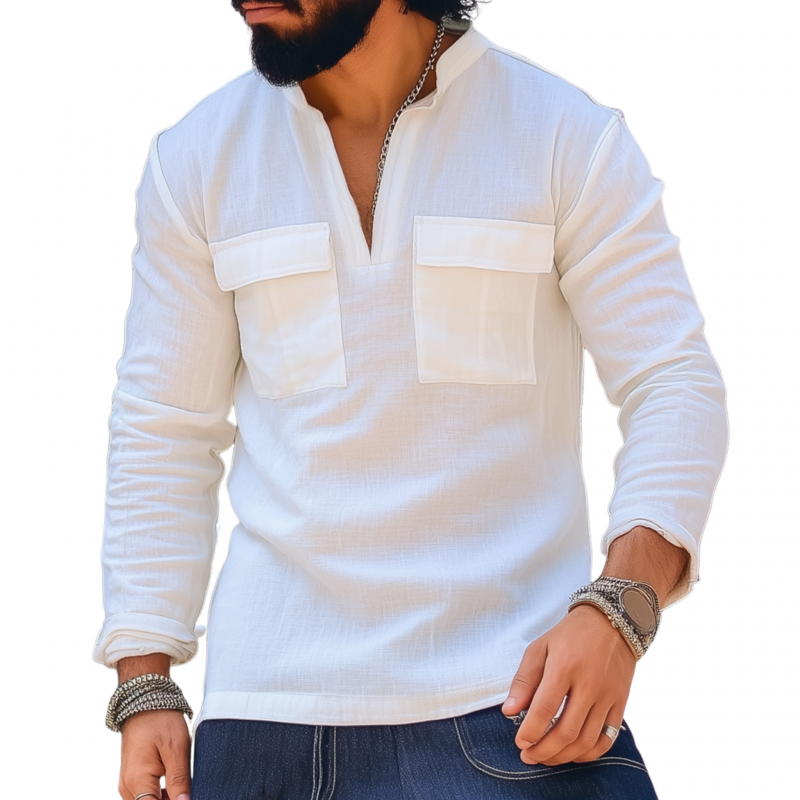 Men's Casual Cotton Solid Color V-Neck Chest Pocket Pullover Slim Fit Long Sleeve Shirt MTA1421G0M