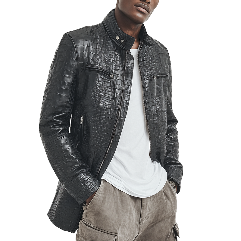 Men's Winter Fashion Glossy Crocodile-pattern PU Leather Mid-length Jacket MTA3016I1P