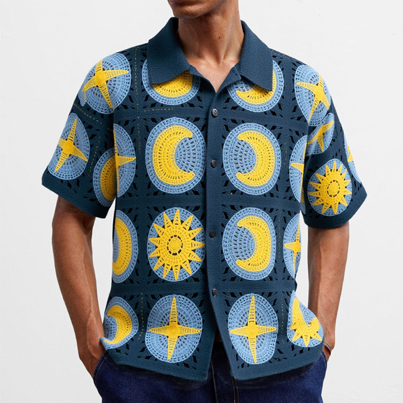 Men's Moon Knit Jacquard Short Sleeve Lapel Shirt MTA3045F5X