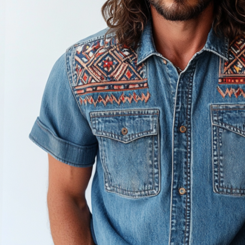 Men's Retro Casual Ethnic Style Printed Denim Lapel Short Sleeve Shirt MTA0920E2TO