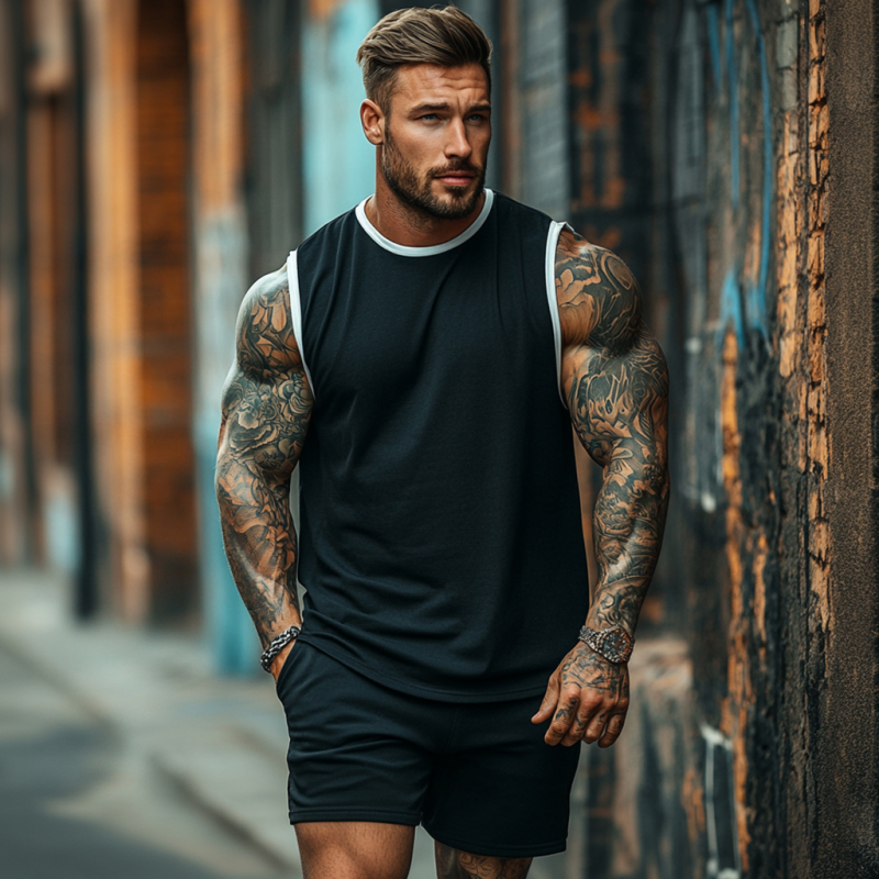 Men's Casual Cotton Colorblock Round Neck Loose Tank Top Elastic Waist Shorts Sports Set MTA2676E1M