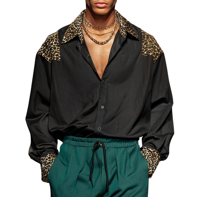 Men's Leopard Stitching Lapel Long Sleeve Shirt MTA3194G8Z