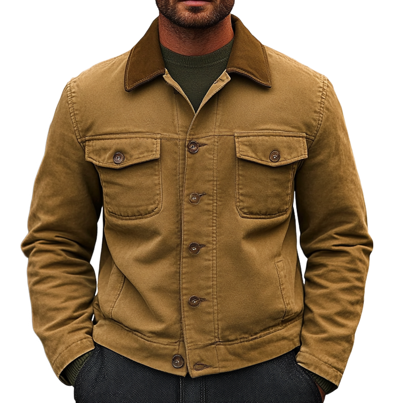 Men's Cotton Contrast Lapel Single-breasted Washed Work Jacket MTA1392J1X