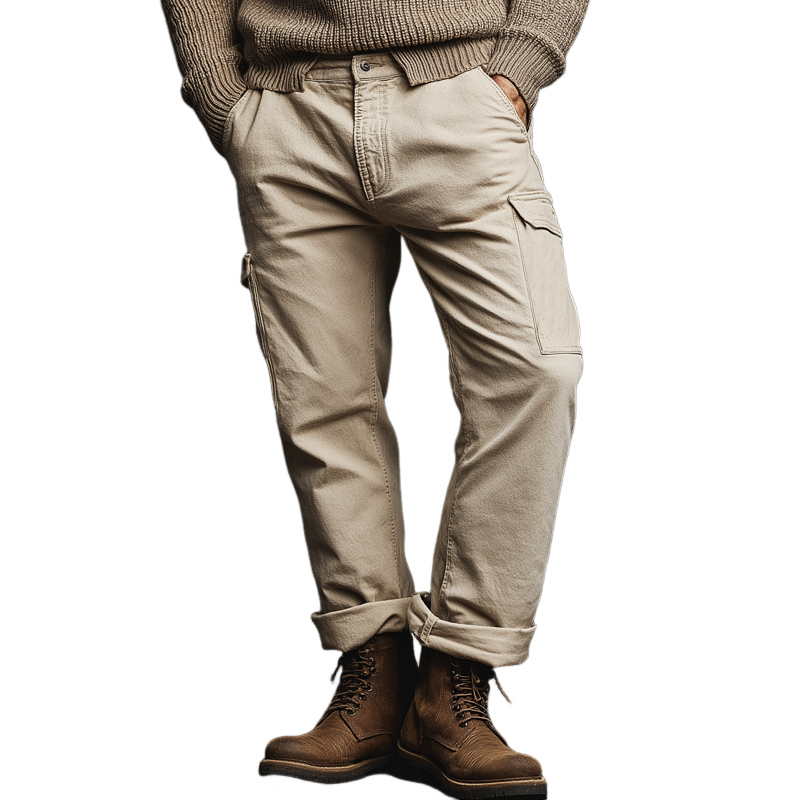 Men's Classic Beige Cotton Blend Straight Leg Cargo Pants MTA3068J4U