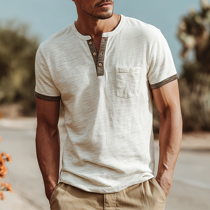 Men's Fashion Casual Bamboo Cotton Stitching Henley Collar Short Sleeve T-Shirt MTA1566G9K