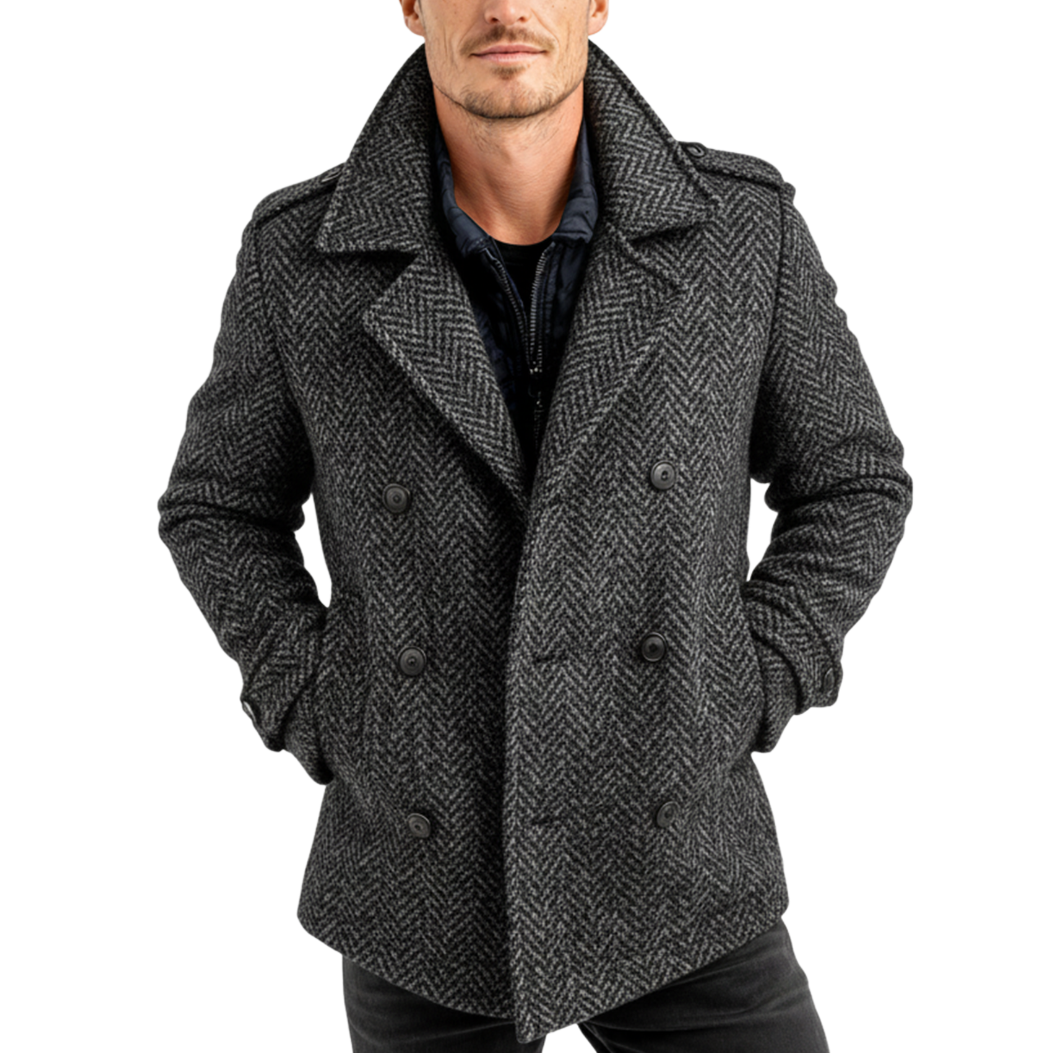 Men's Classic Light Business Lapel Double-breasted Faux Herringbone Wool Coat MTA3060I6K