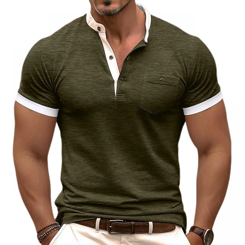 Men's Casual Colorblock Cotton Henley Collar Patch Pocket Slim Fit Short Sleeve T-Shirt MTA0647E5M