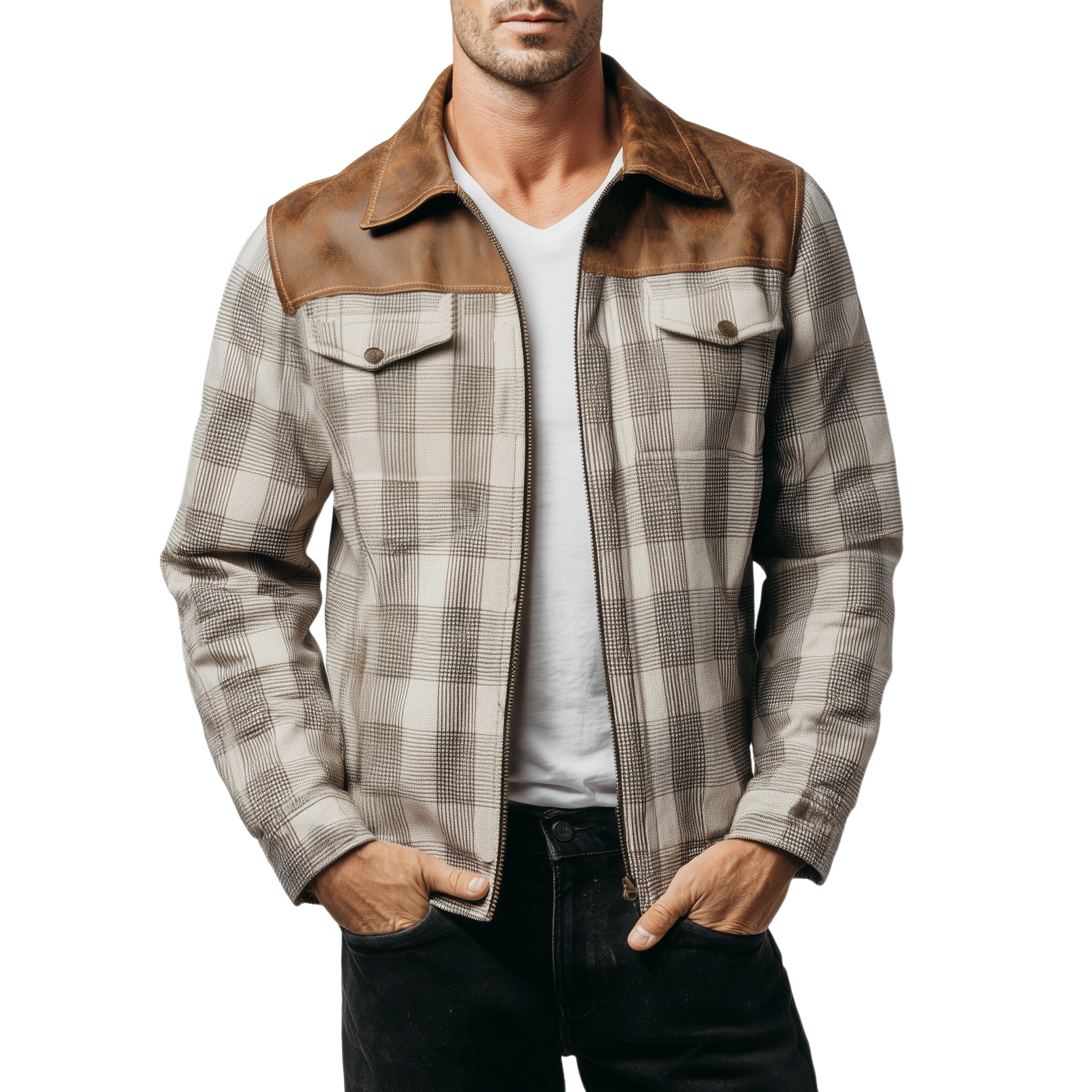 Men's Classic Casual PU Leather Stitching Woolen Plaid Lapel Jacket MTA0192I0K