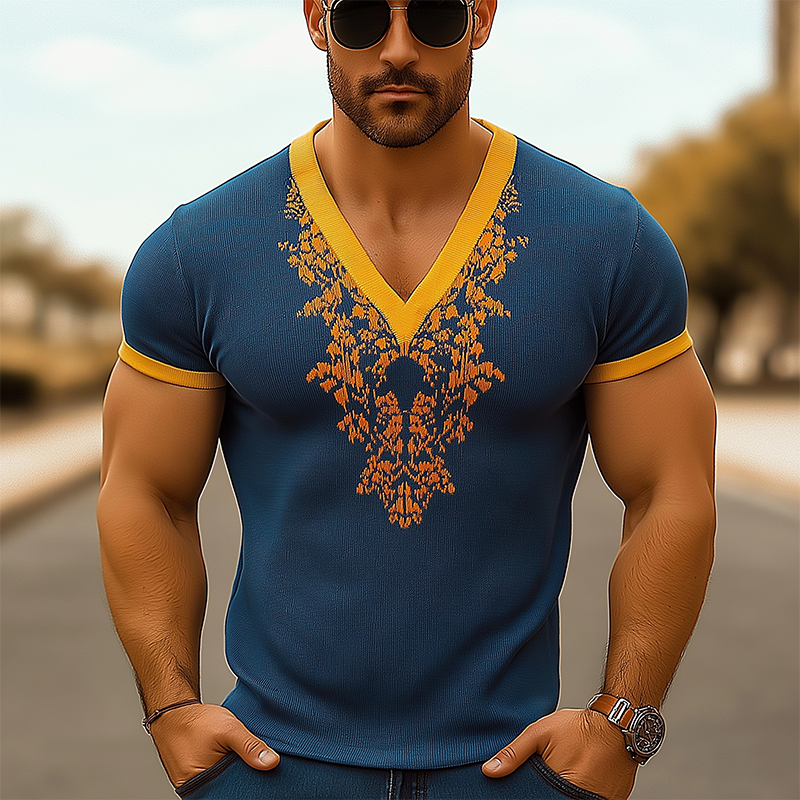 Herre sommerstrikket jacquard slim fit kortermet t-skjorte med V-hals MTA0408F3P