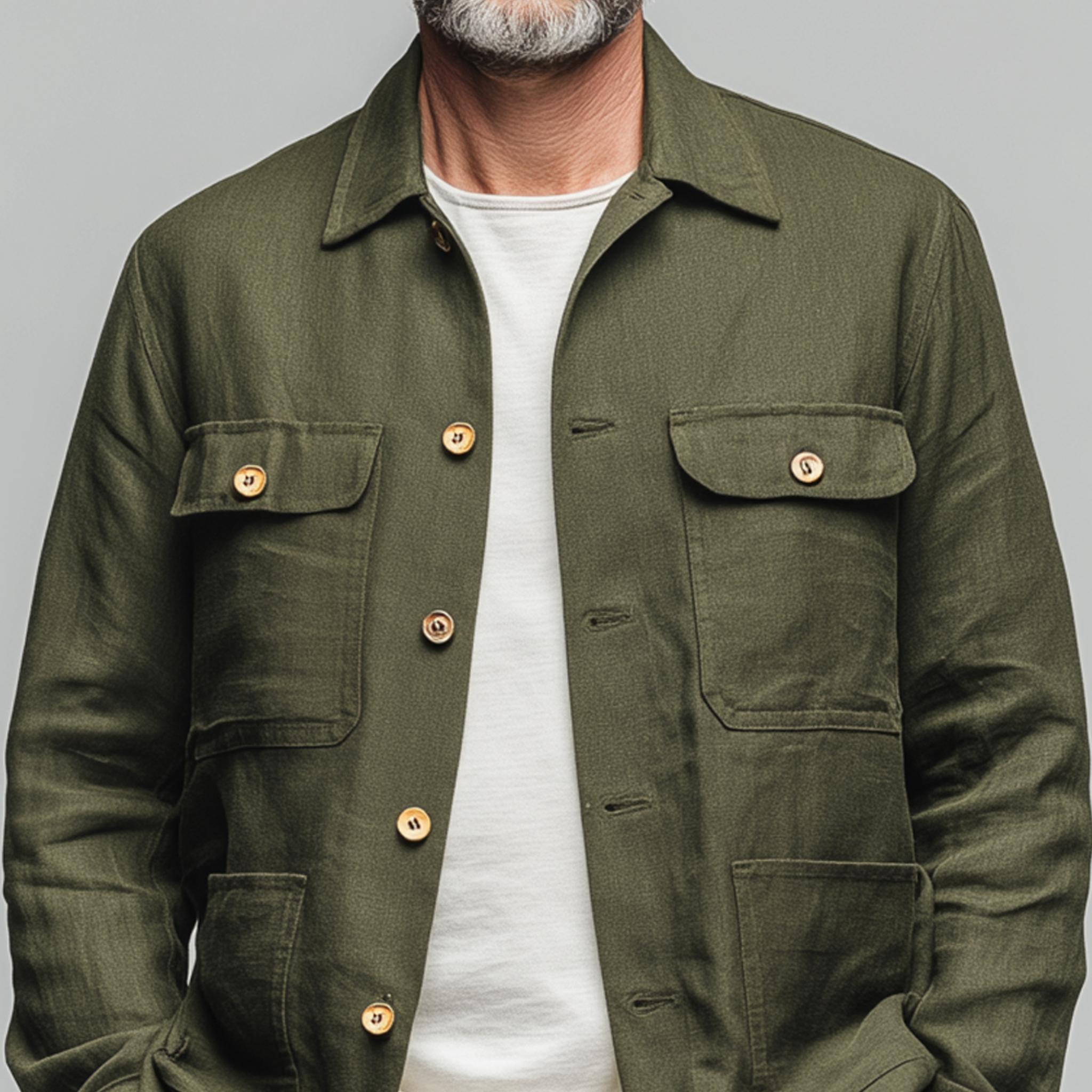 Men's Classic Casual Lapel Collar Cotton And Linen Blend Multi-pocket Long-sleeved Shirt MTA2501G9K