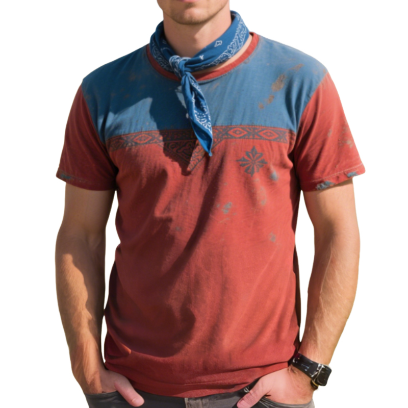 Men'S Retro Casual Western Cowboy Style Colorblock Printed Round Neck Short Sleeve T-Shirt MTA1040E1TO