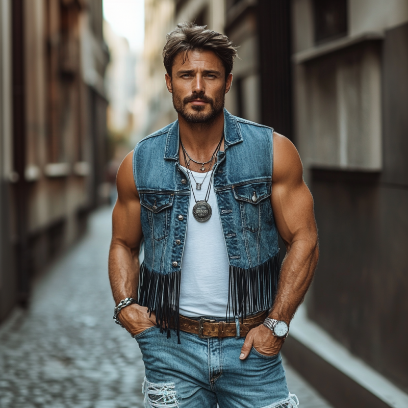 Men's Vintage Washed Distressed Lapel Single-breasted Hem Patchwork Tassel Denim Vest MTA2167E3M