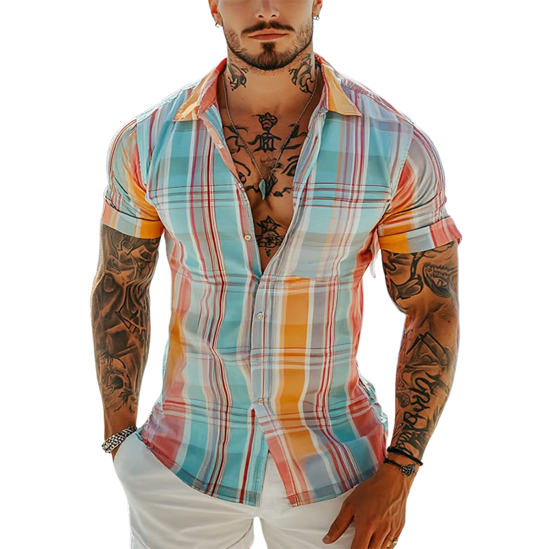 Men's Check Print Lapel Short Sleeve Shirt MTA2376F3X