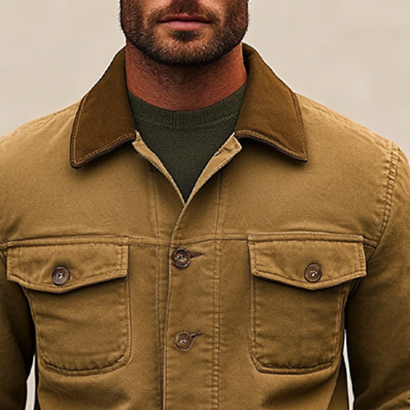 Men's Cotton Contrast Lapel Single-breasted Washed Work Jacket MTA1392J1X