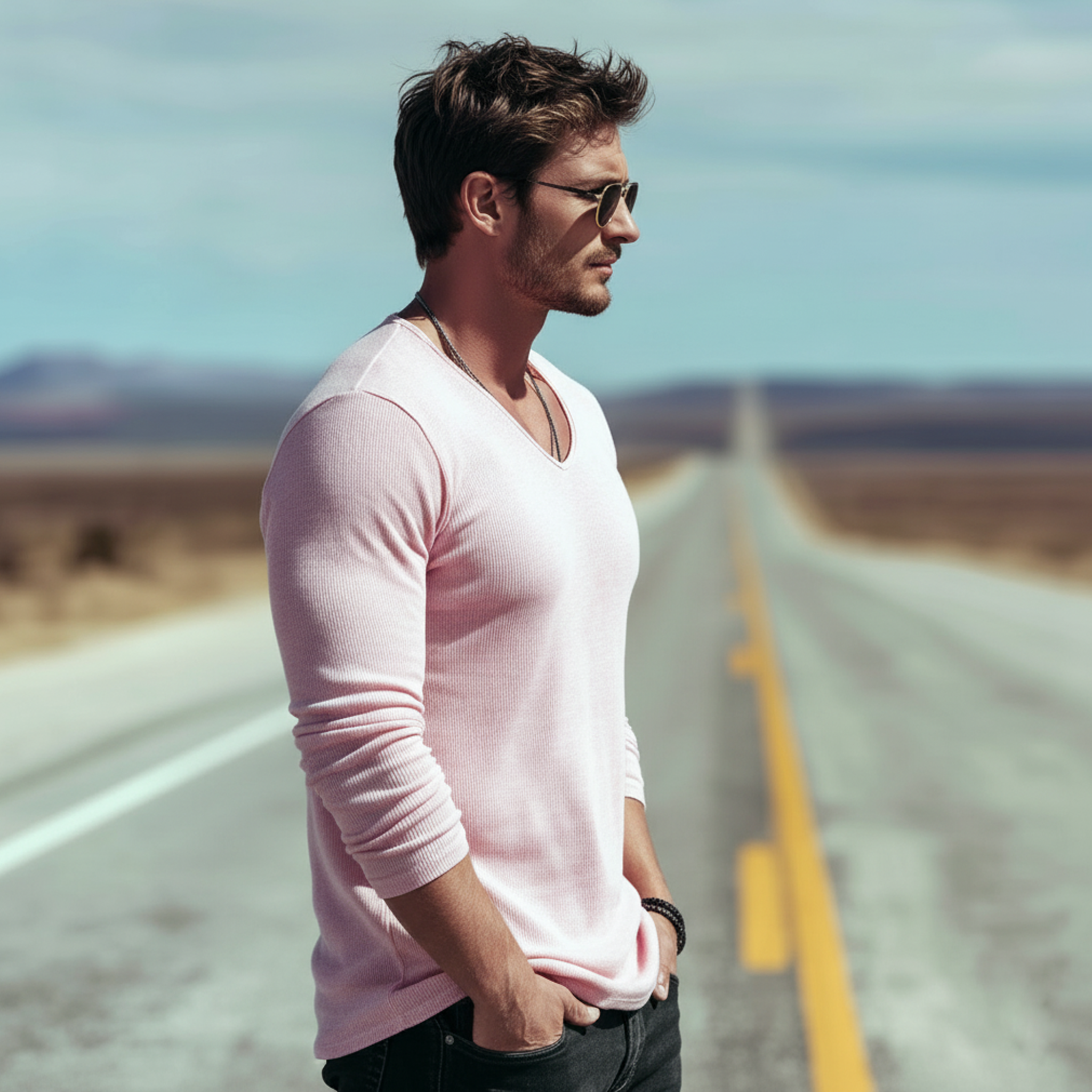 Men's Classic Casual V-neck Cotton Long-sleeved T-shirt MTZ0900A9K